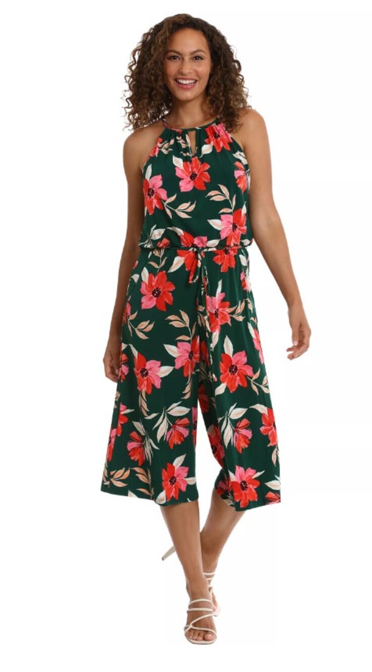 Maggy London Women's Floral Tropical Printed Cropped Jumpsuit Green Pink Size 2